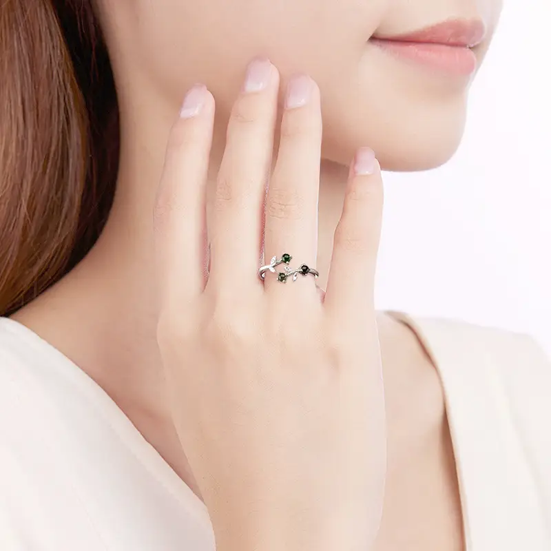 Natural Jade Ink Jade Flower Ring S925 Silver Adjustable - Image 4