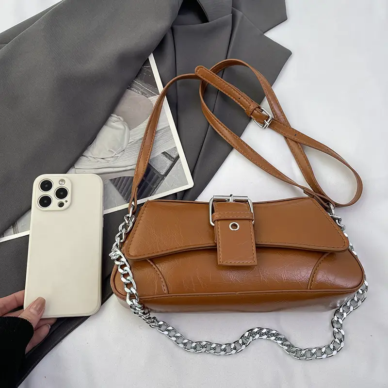 Women's Brown Leather Crossbody Bag with Chain Strap - Image 8
