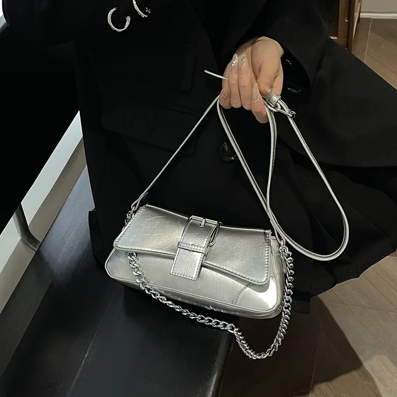 Women's Brown Leather Crossbody Bag with Chain Strap - Image 2