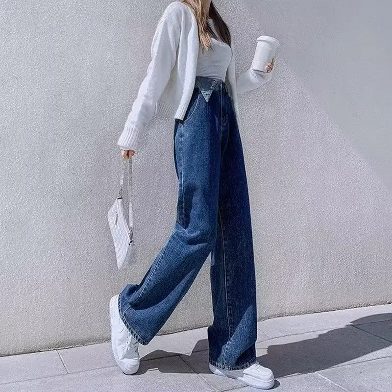 Plus Size Dark Blue Wide Leg Jeans with Row Buckle