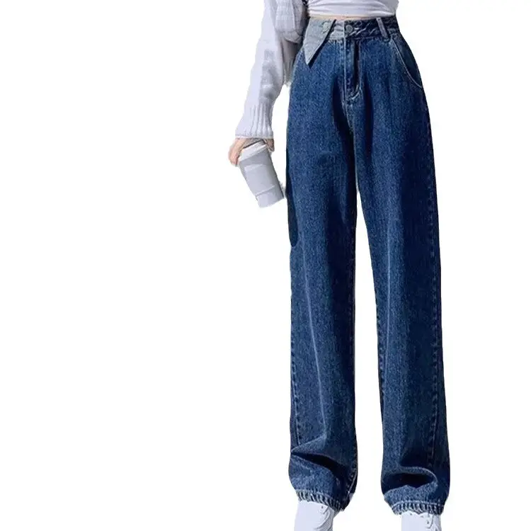 Plus Size Dark Blue Wide Leg Jeans with Row Buckle