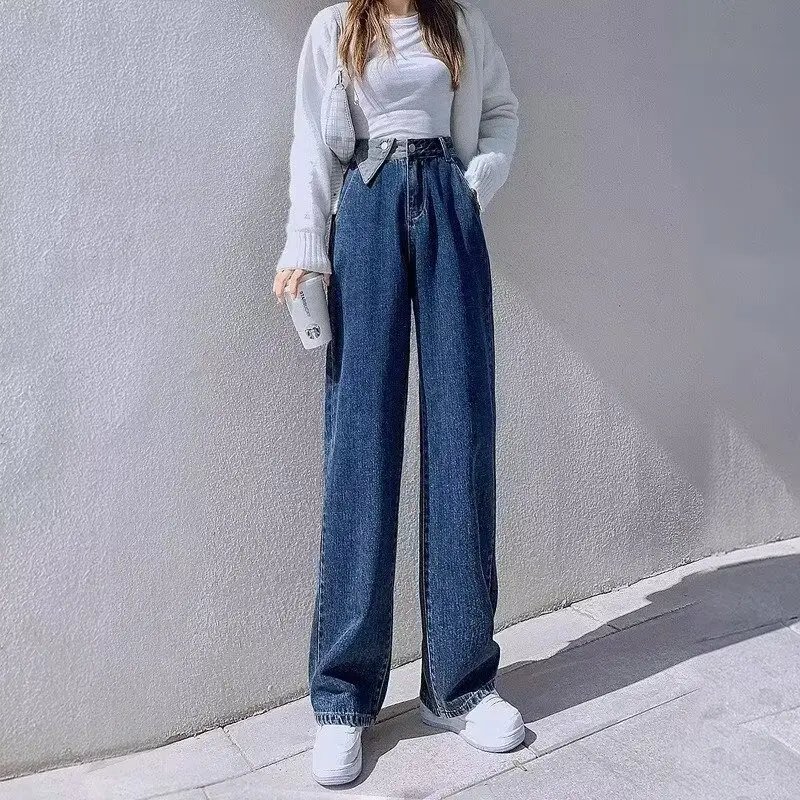 Plus Size Dark Blue Wide Leg Jeans with Row Buckle — feature 10