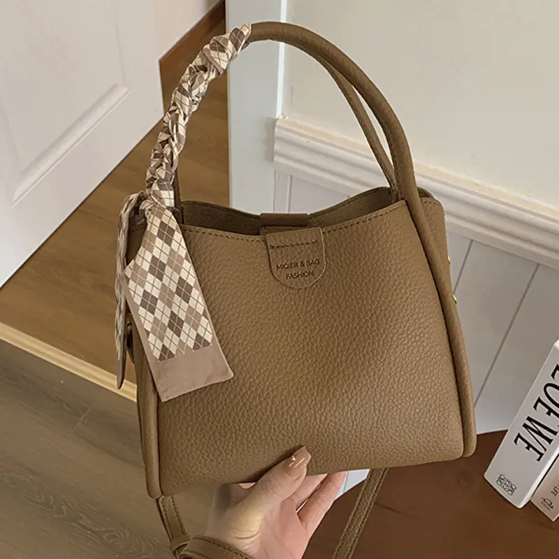 Women's Beige Soft Leather Bucket Bag with Crossbody Strap - Image 7