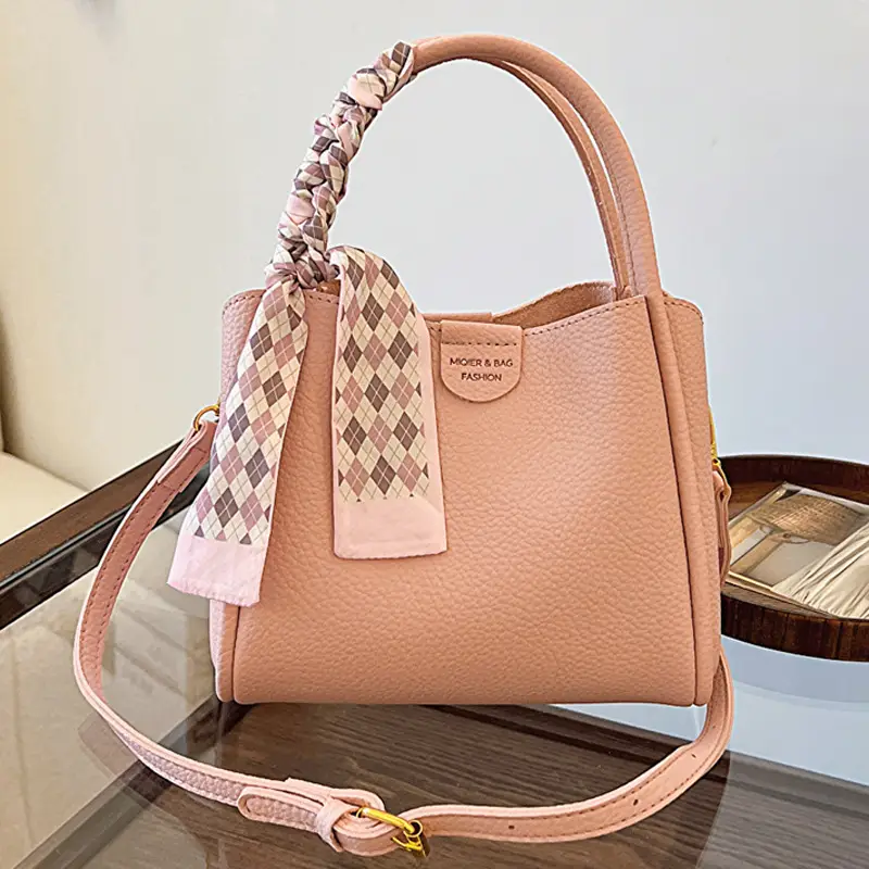 Women's Beige Soft Leather Bucket Bag with Crossbody Strap - Image 9
