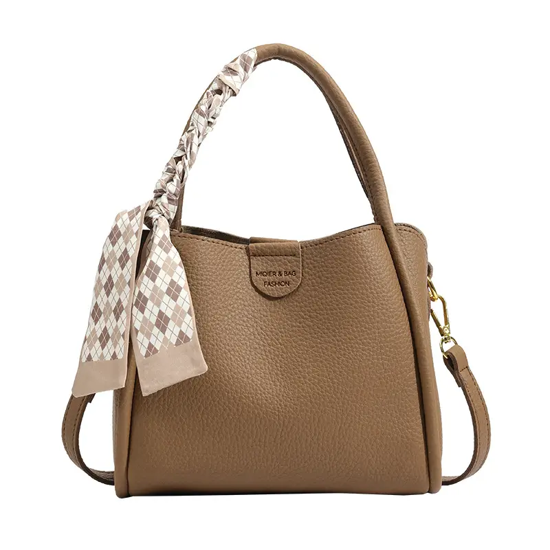 Women's Beige Soft Leather Bucket Bag with Crossbody Strap - Image 10