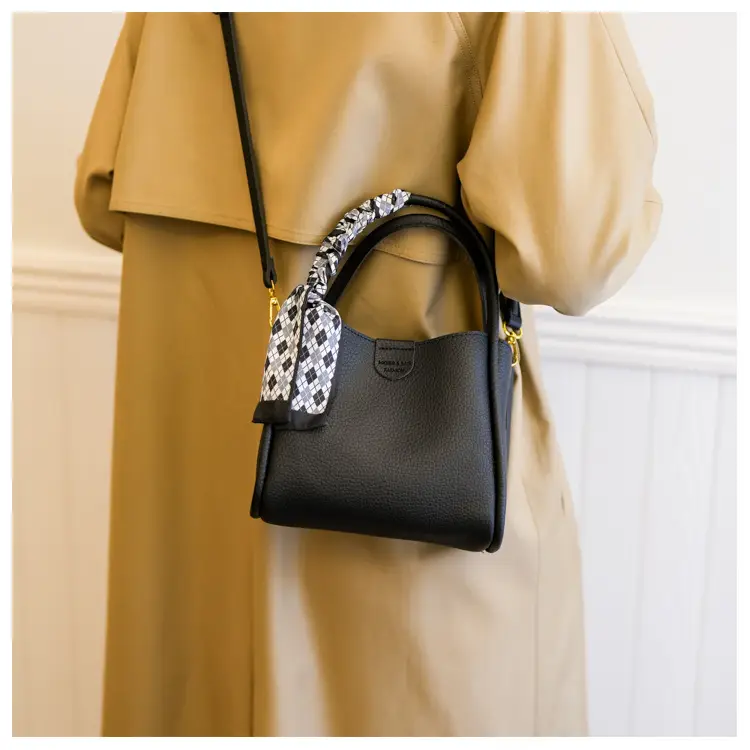 Women's Beige Soft Leather Bucket Bag with Crossbody Strap — feature 12
