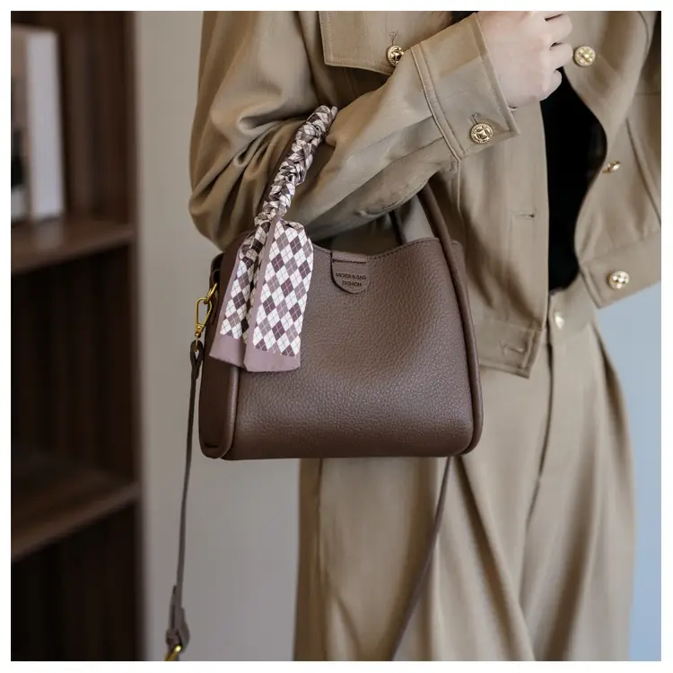 Women's Beige Soft Leather Bucket Bag with Crossbody Strap — feature 18