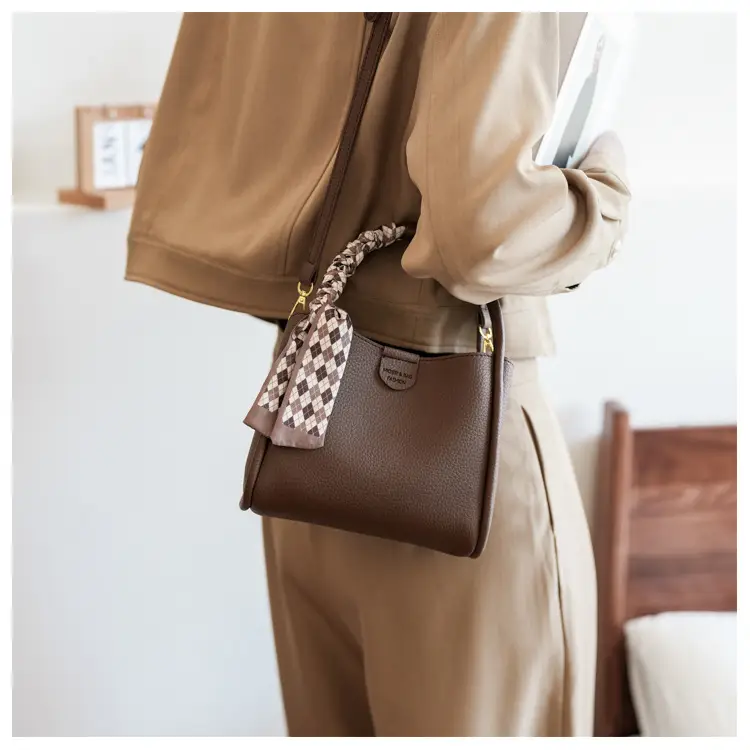 Women's Beige Soft Leather Bucket Bag with Crossbody Strap — feature 20