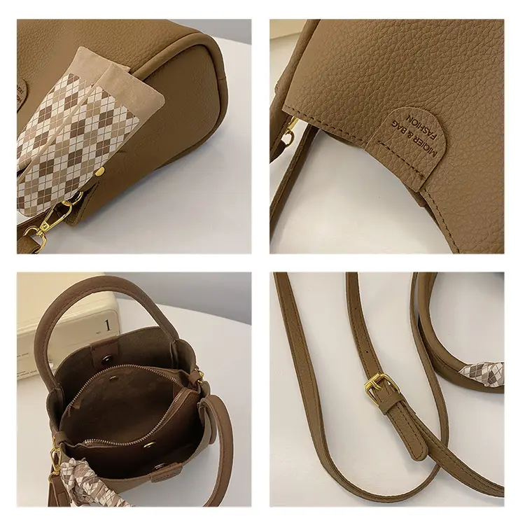 Women's Beige Soft Leather Bucket Bag with Crossbody Strap — feature 24