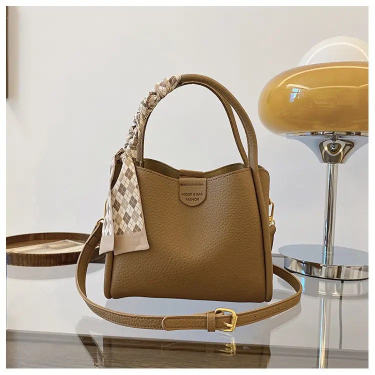 Women's Beige Soft Leather Bucket Bag with Crossbody Strap — feature 25