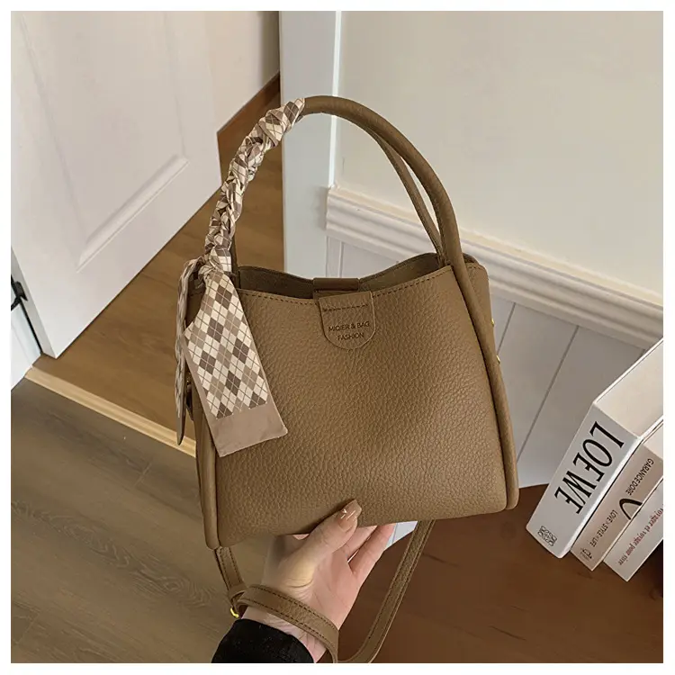 Women's Beige Soft Leather Bucket Bag with Crossbody Strap — feature 30