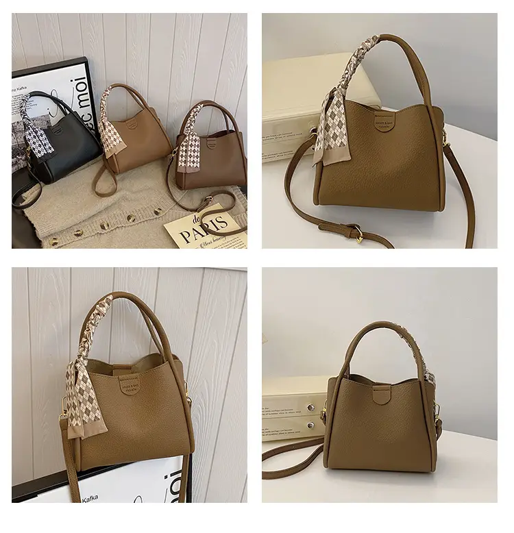 Women's Beige Soft Leather Bucket Bag with Crossbody Strap — feature 9