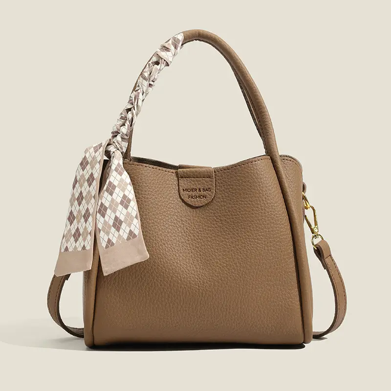 Women's Beige Soft Leather Bucket Bag with Crossbody Strap - Image 2