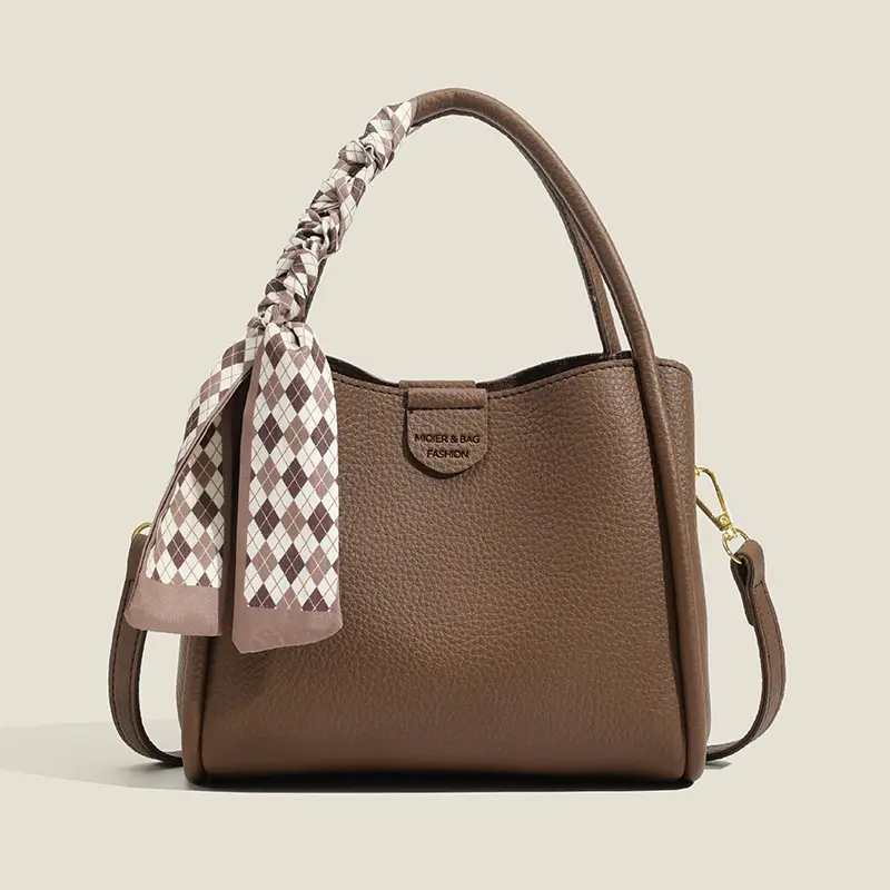 Women's Beige Soft Leather Bucket Bag with Crossbody Strap - Image 3