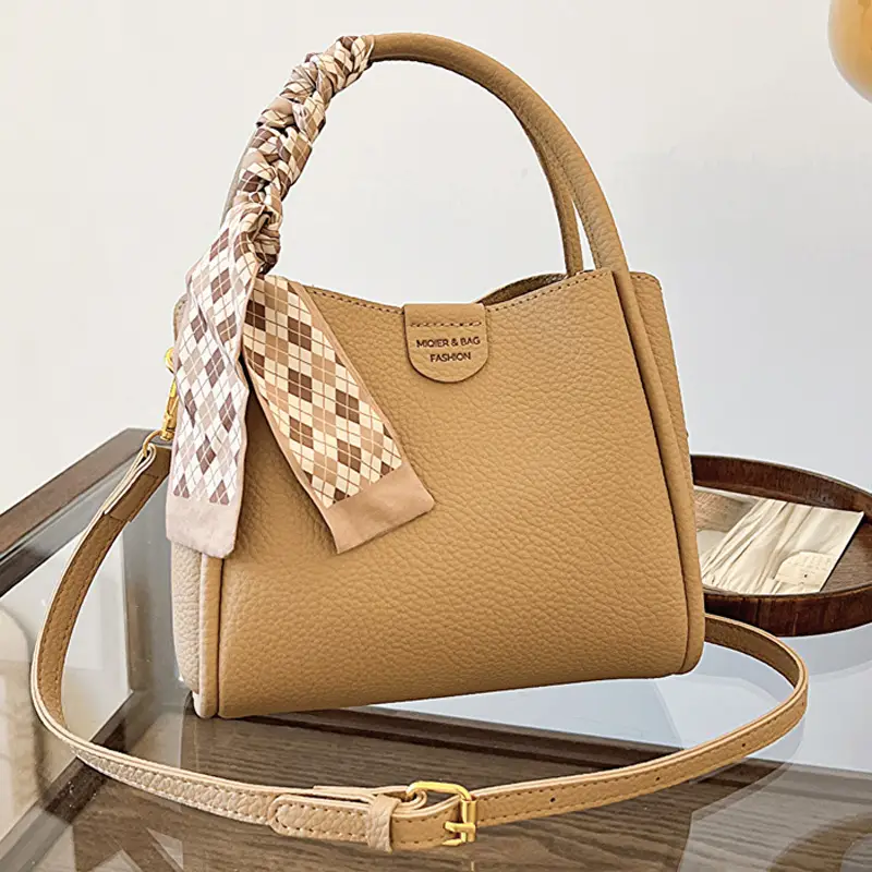 Women's Beige Soft Leather Bucket Bag with Crossbody Strap - Image 4