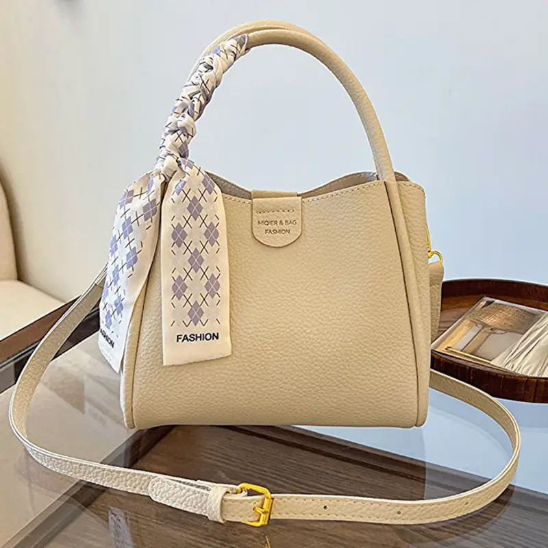 Women's Beige Soft Leather Bucket Bag with Crossbody Strap - Image 5