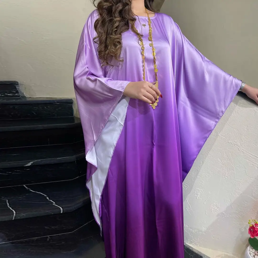 Mq099 New Cross-Border Dress Modest Coat Fashion Solid Color Gradient Soft Light Satin Batwing Long Dress