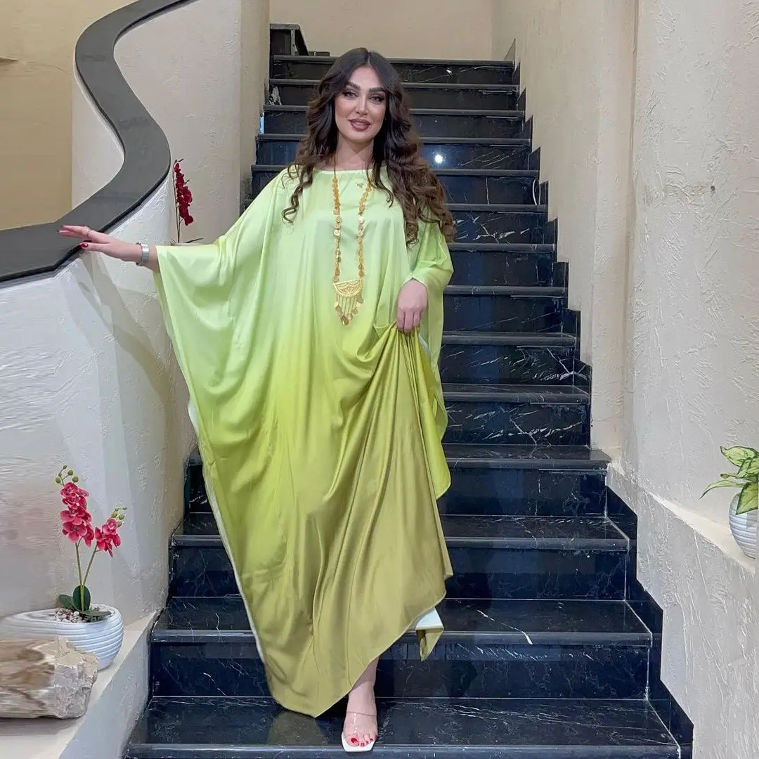 Mq099 New Cross-Border Dress Modest Coat Fashion Solid Color Gradient Soft Light Satin Batwing Long Dress