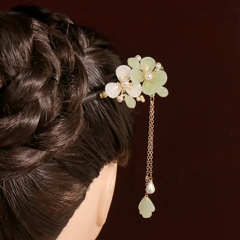 Ancient Wooden Hairpin with Red Tassel for Women