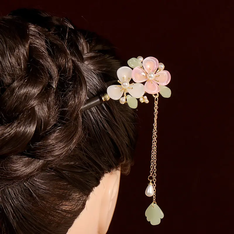 Ancient Wooden Hairpin with Red Tassel for Women