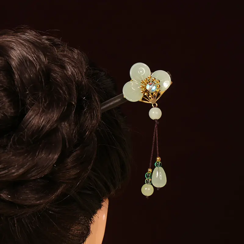 Ancient Wooden Hairpin with Red Tassel for Women