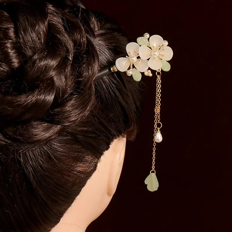Ancient Wooden Hairpin with Red Tassel for Women
