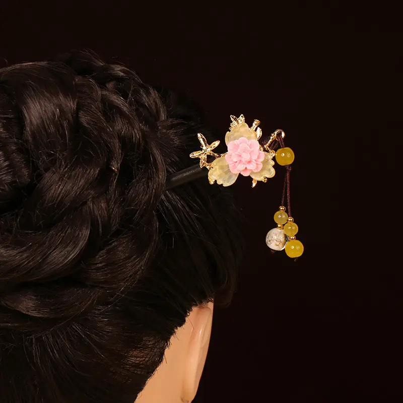 Ancient Wooden Hairpin with Red Tassel for Women
