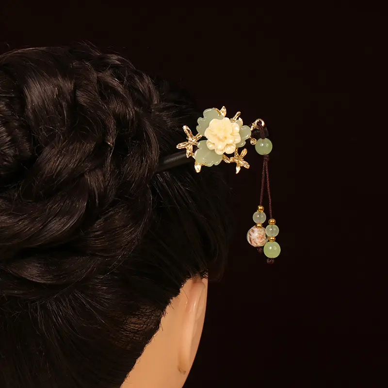 Ancient Wooden Hairpin with Red Tassel for Women