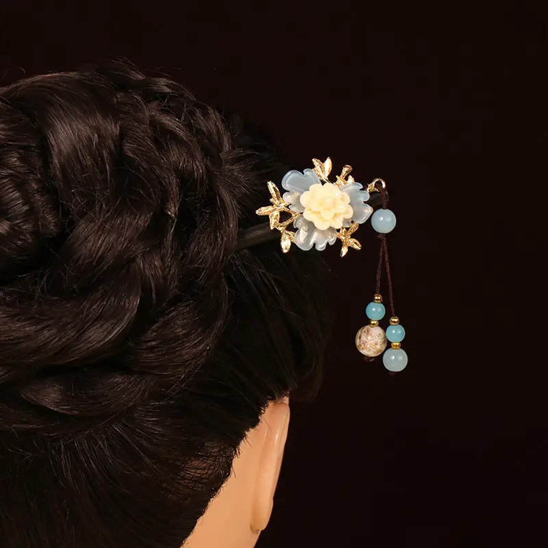 Ancient Wooden Hairpin with Red Tassel for Women