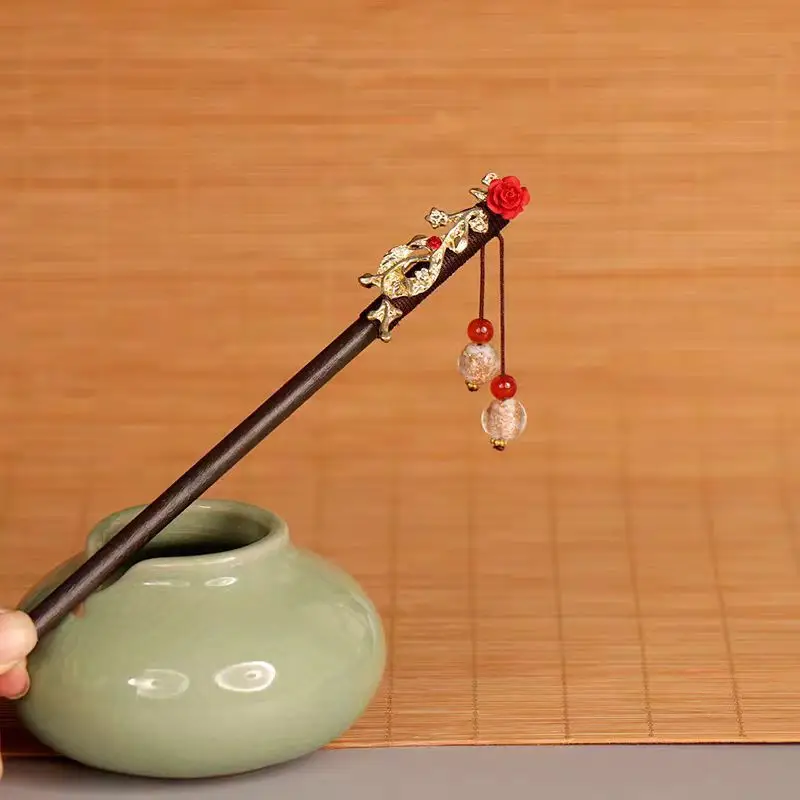 Ancient Wooden Hairpin with Red Tassel for Women