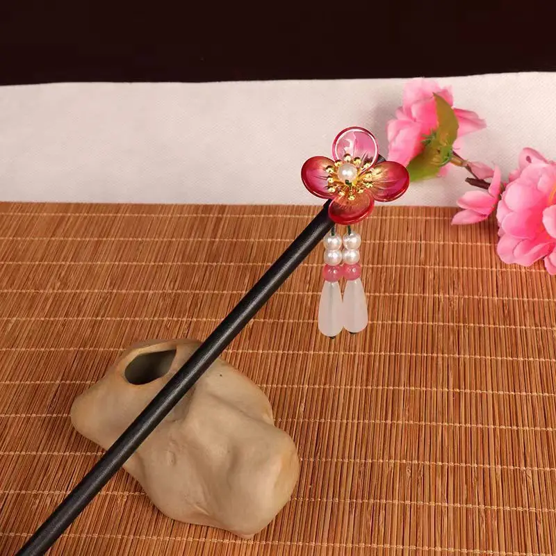 Ancient Wooden Hairpin with Red Tassel for Women