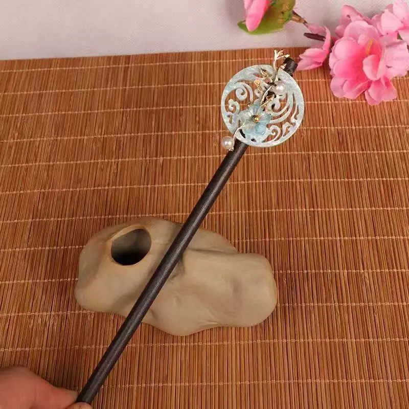 Ancient Wooden Hairpin with Red Tassel for Women