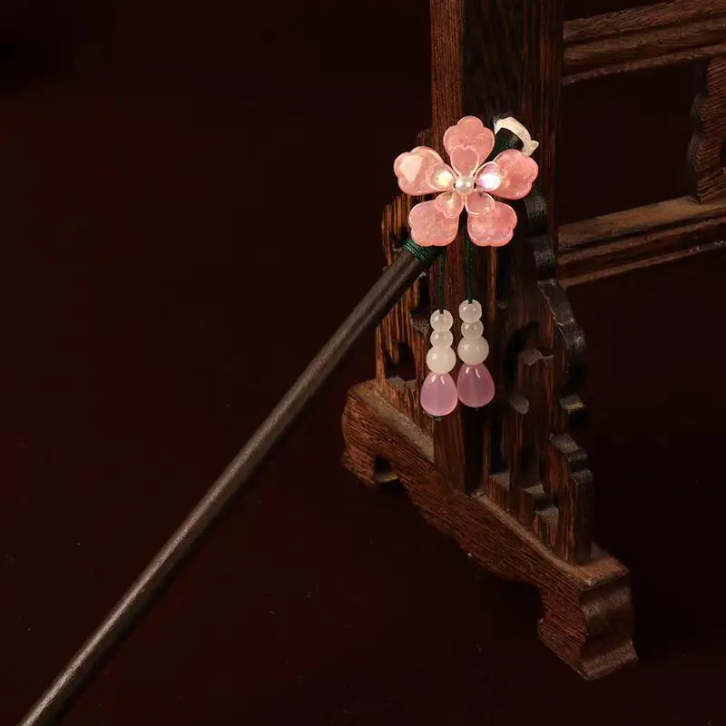 Ancient Wooden Hairpin with Red Tassel for Women
