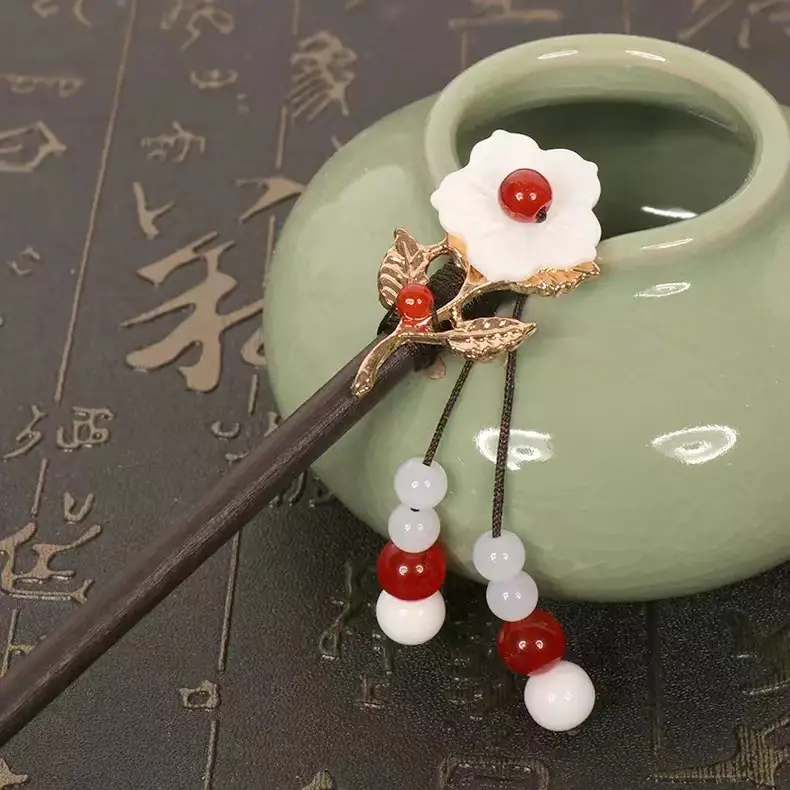 Ancient Wooden Hairpin with Red Tassel for Women