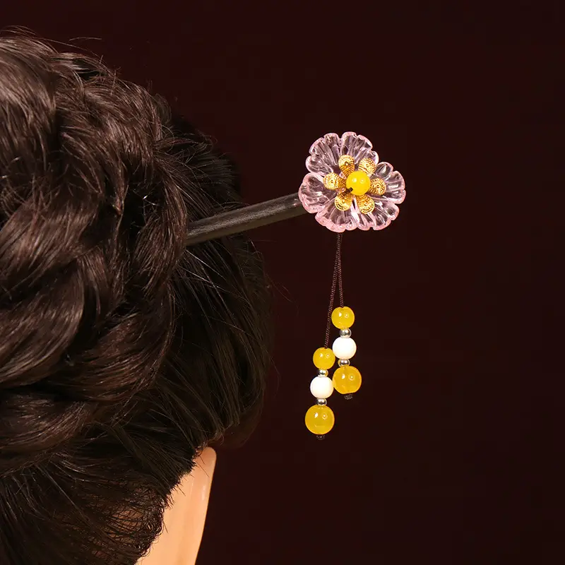 Ancient Wooden Hairpin with Red Tassel for Women