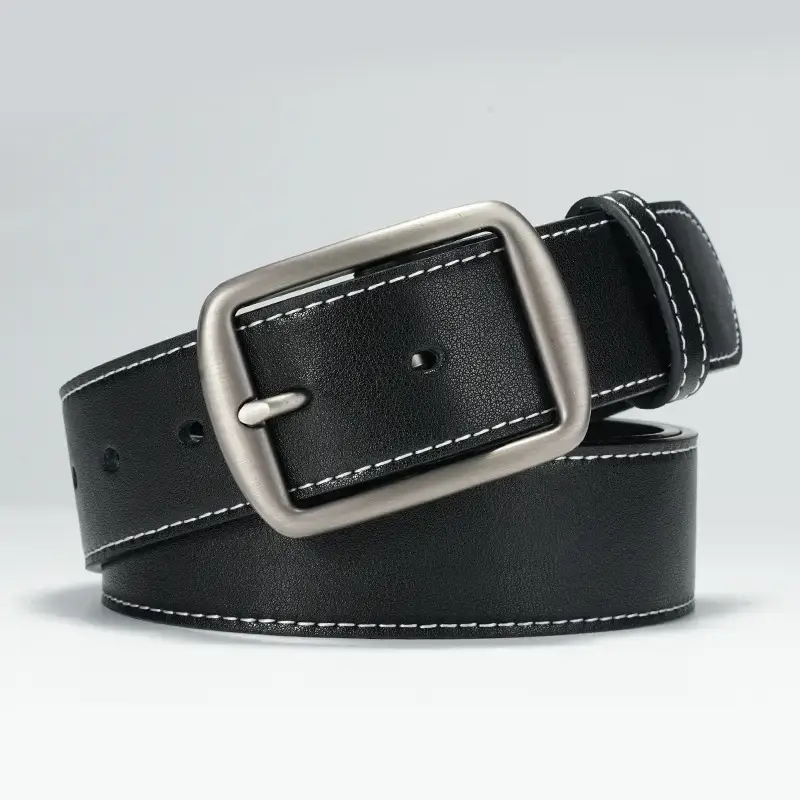Men's Black Leather Belt with Silver Pin Buckle - Image 2