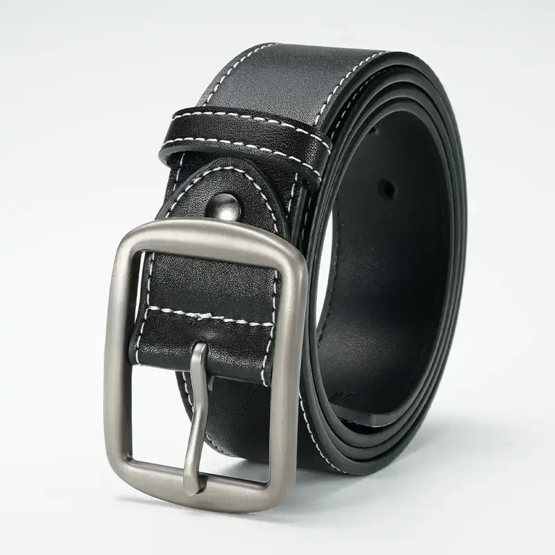 Men's Black Leather Belt with Silver Pin Buckle - Image 3