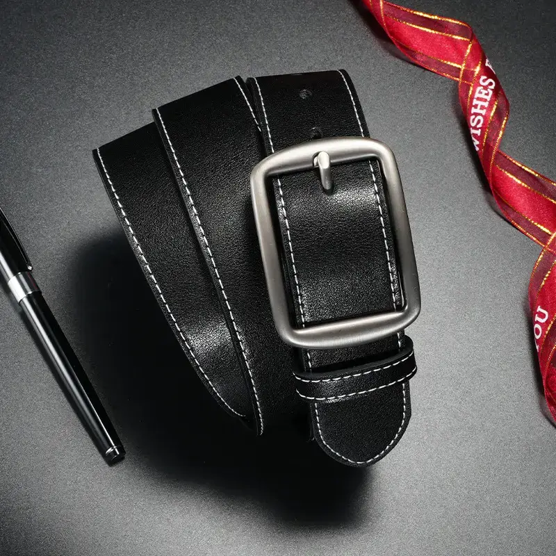 Men's Black Leather Belt with Silver Pin Buckle - Image 4