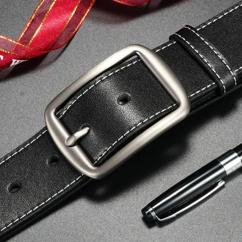 Men's Black Leather Belt with Silver Pin Buckle - Image 5