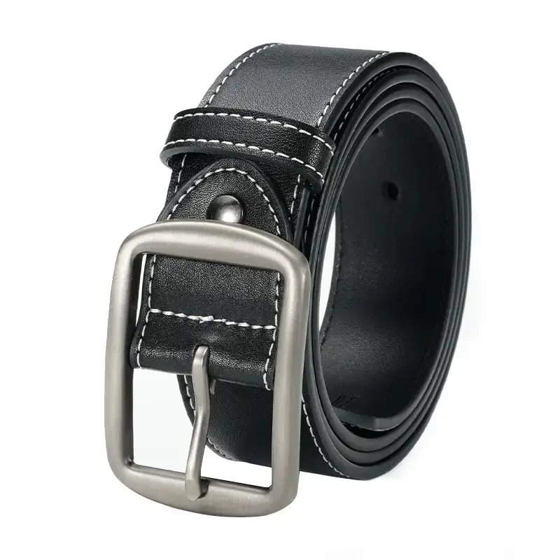 Men's Black Leather Belt with Silver Pin Buckle - Image 6