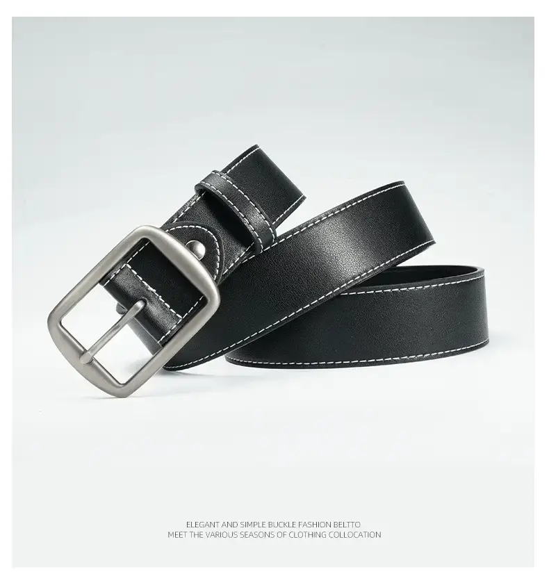 Men's Black Leather Belt with Silver Pin Buckle — feature 12