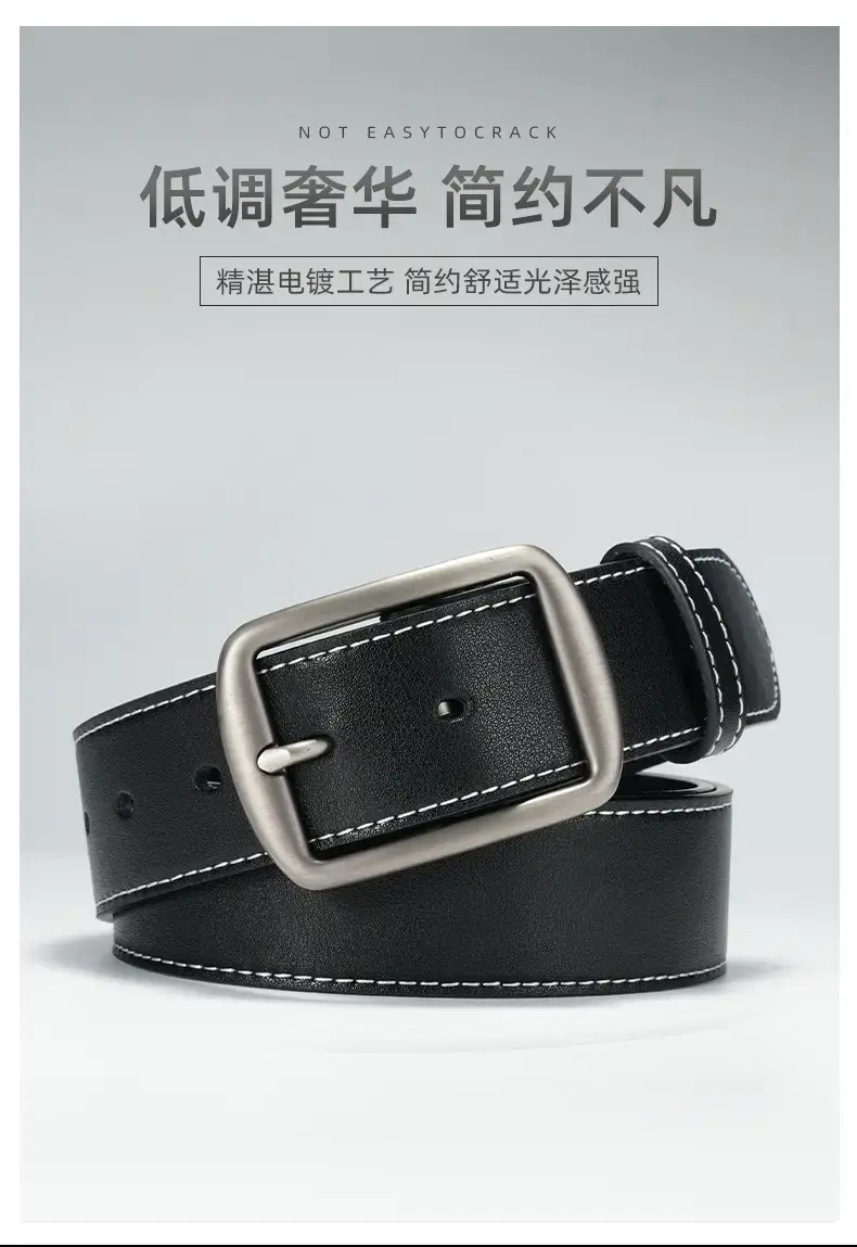 Men's Black Leather Belt with Silver Pin Buckle — feature 5