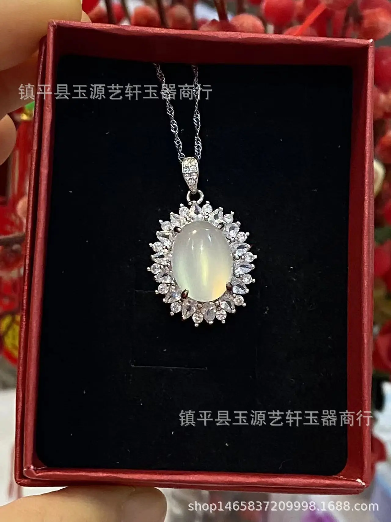 White Ice Laid Egg Pendant Necklace with Chalcedony Gemstones — feature 11