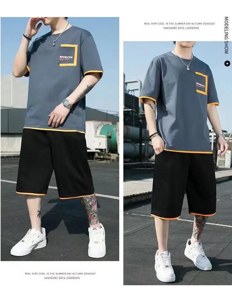 Men Black Yellow Shorts T-Shirt Casual Shorts Set — feature 11