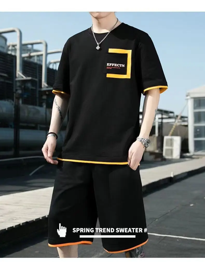 Men Black Yellow Shorts T-Shirt Casual Shorts Set — feature 12
