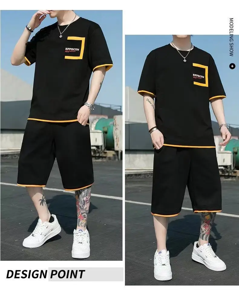 Men Black Yellow Shorts T-Shirt Casual Shorts Set — feature 13