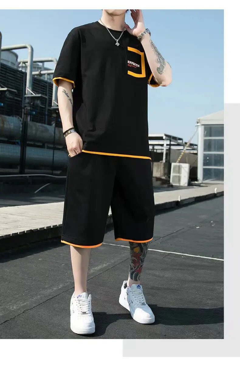 Men Black Yellow Shorts T-Shirt Casual Shorts Set — feature 14