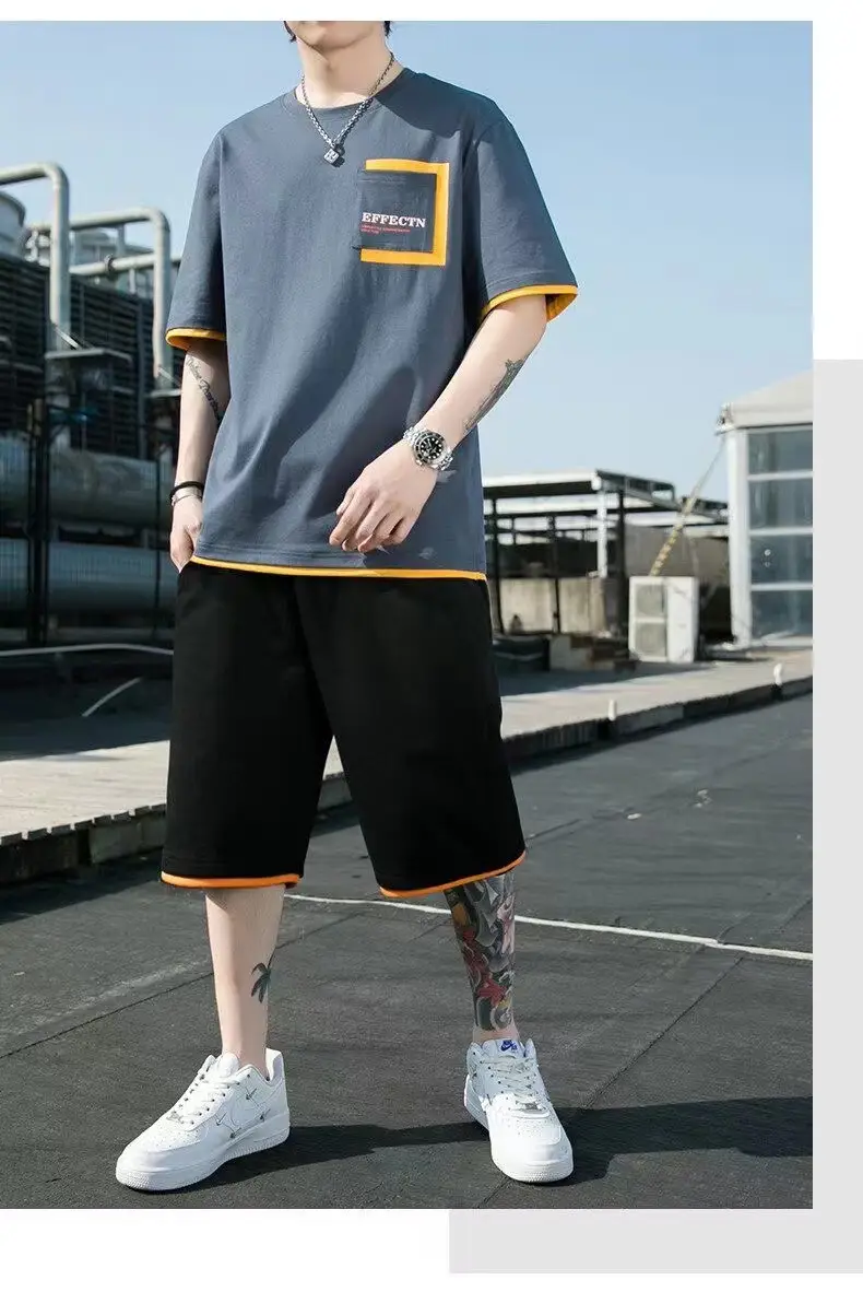 Men Black Yellow Shorts T-Shirt Casual Shorts Set — feature 21