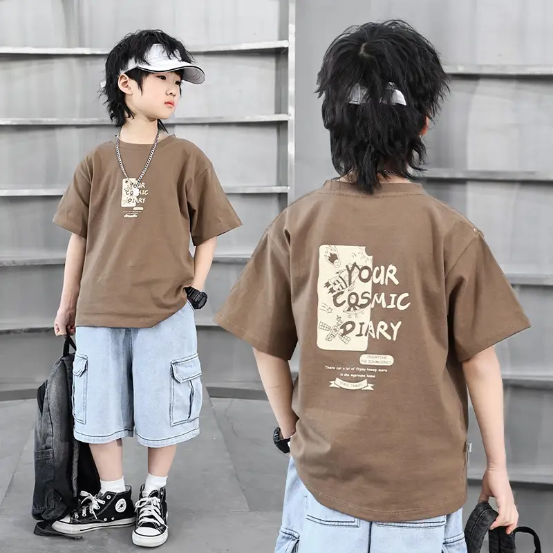Boys Cotton T-Shirt Brown Cartoon Print Summer 2024 - Image 3
