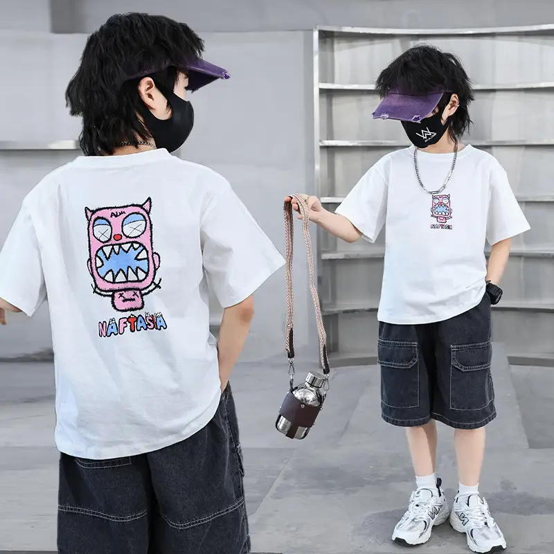 Boys Cotton T-Shirt Brown Cartoon Print Summer 2024 - Image 4